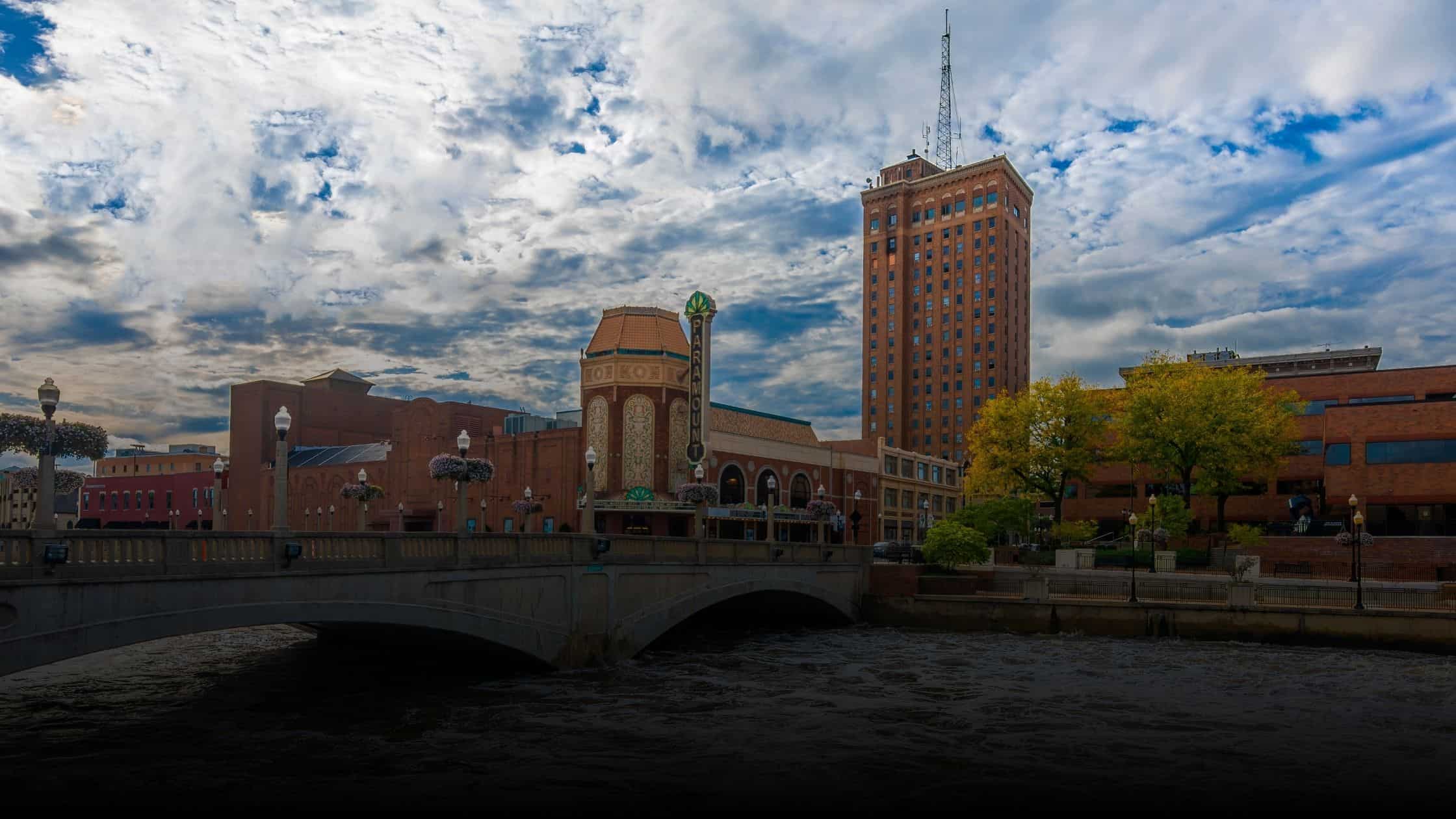 View of the Fox River and downtown Aurora, Illinois